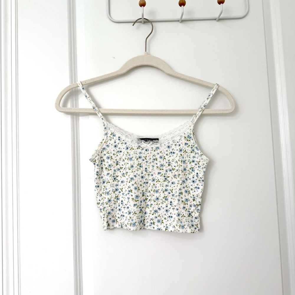 Brandy Melville White Floral Lace-Trim Cami with Blue and Yellow Flowers